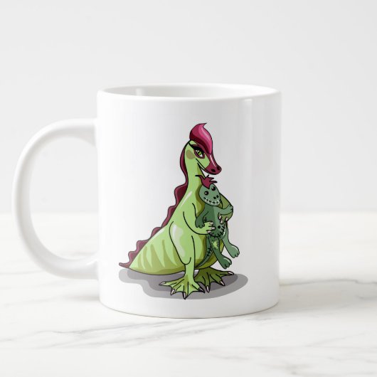 Ein weiblicher Hadrosaurus, der eine Puppe hält. Jumbo-Tasse (Links)