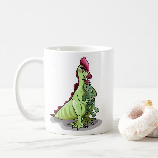 Ein weiblicher Hadrosaurus, der eine Puppe hält. Kaffeetasse (Mit Donut)