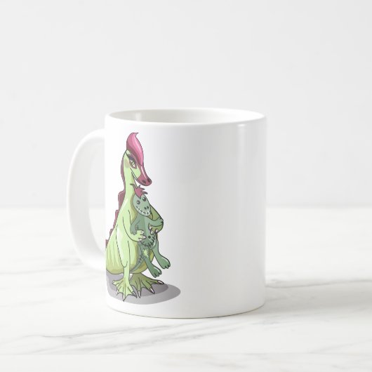 Ein weiblicher Hadrosaurus, der eine Puppe hält. Kaffeetasse (Vorderseite Links)