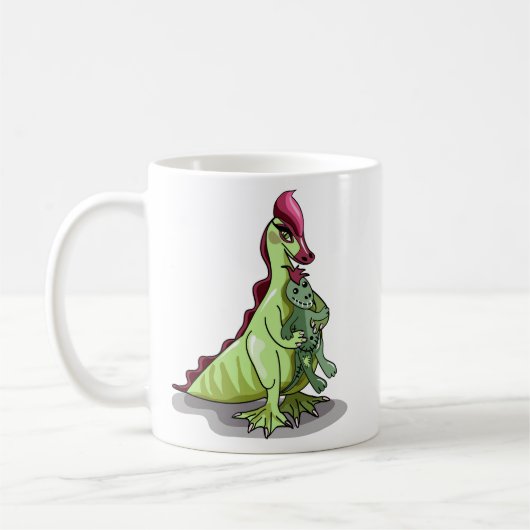 Ein weiblicher Hadrosaurus, der eine Puppe hält. Kaffeetasse (Links)