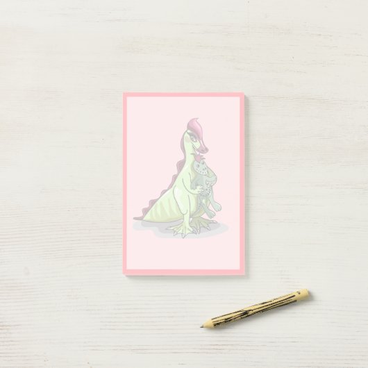 Ein weiblicher Hadrosaurus, der eine Puppe hält. Post-it Klebezettel (Auf Schreibtisch)