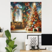 Ein Weihnachtsbaum im Retro-Stil mit Geschenken an Poster (Heimbüro)
