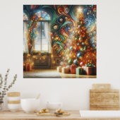 Ein Weihnachtsbaum im Retro-Stil mit Geschenken an Poster (Küche)