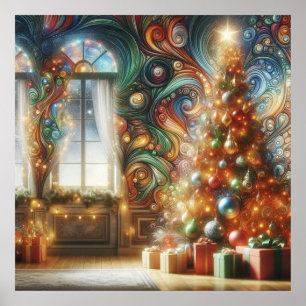 Ein Weihnachtsbaum im Retro-Stil mit Geschenken an Poster