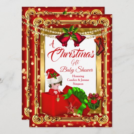 Ein Weihnachtsgeschenk Girl Boy Baby Dusche Red Go Einladung (Vorne/Hinten)