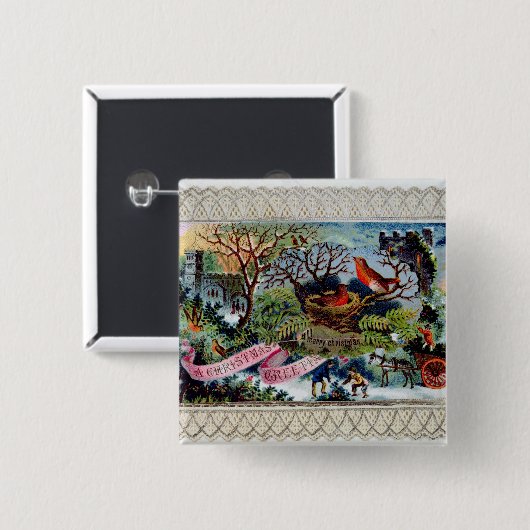 Ein Weihnachtsgruß, viktorianische Postkarte Button (Vorne & Hinten)
