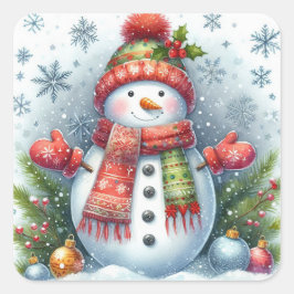 Ein Weihnachtsschneemann auf einer Kälte und Schne Quadratischer Aufkleber