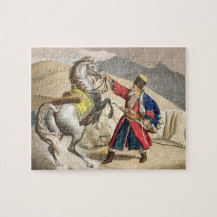 Ein Weinstein mit seinem Pferd, graviert durch das Puzzle
