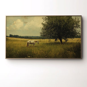 Ein weißes Pferd grast auf einem Feld Poster