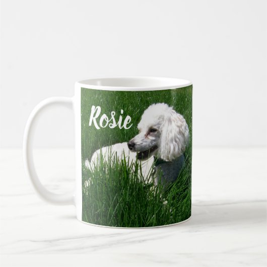 Ein weißes Poodle, das sich in üppig grünem Gras r Kaffeetasse (Links)