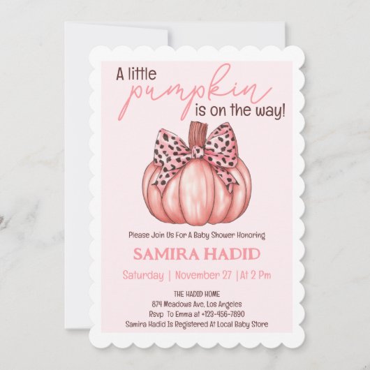Ein wenig Kürbis Herbst Pink Baby Dusche Einladung (Vorderseite)