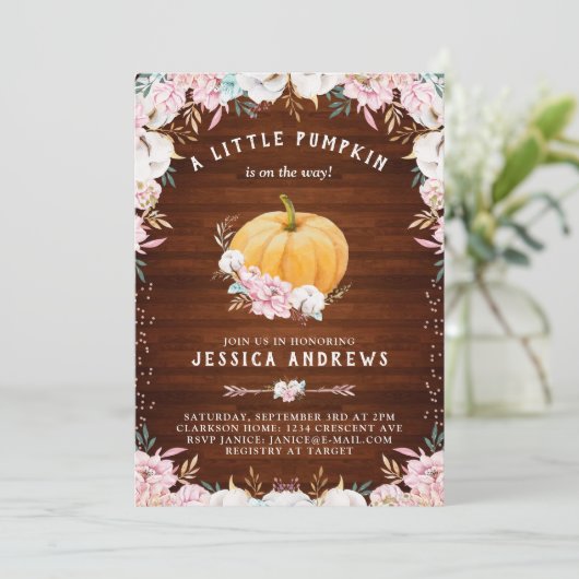 Ein wenig Kürbis rustikale Baumwollflora Einladung (Stehend Vorderseite)