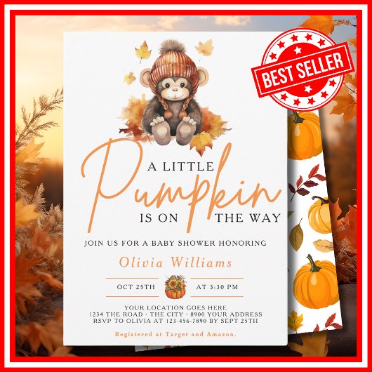 Ein wenig Pumpkin Herbst Autumn MONKEY Baby Shower Einladung
