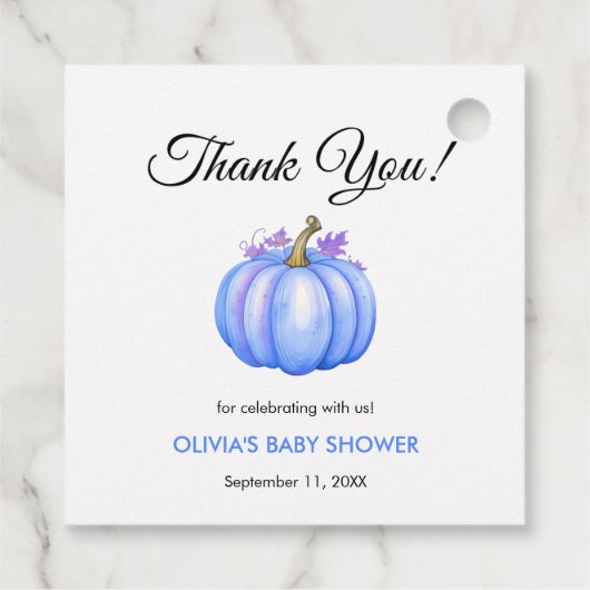 Ein wenig Pumpkin Herbst Blue Boy Baby Dusche Geschenkanhänger (Rückseite)