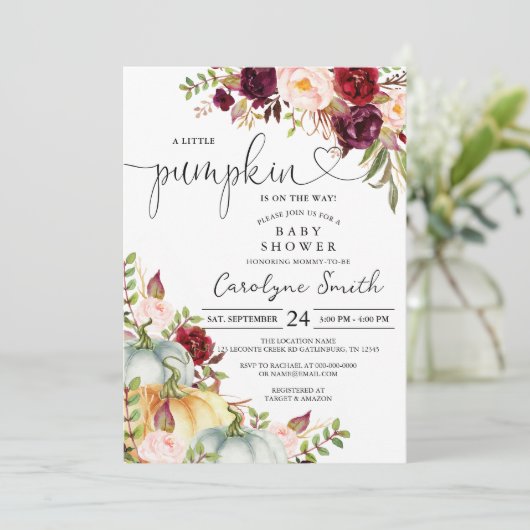 Ein wenig Pumpkin Herbst Floral Baby Dusche Einladung (Stehend Vorderseite)