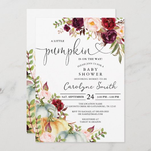 Ein wenig Pumpkin Herbst Floral Baby Dusche Einladung (Vorne/Hinten)