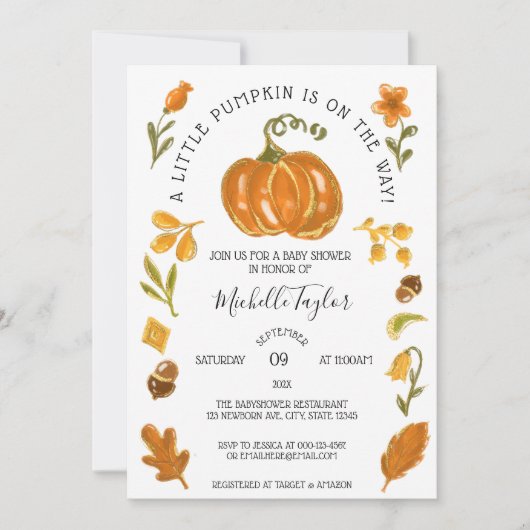 Ein wenig Pumpkin Herbst Floral Baby Dusche Einladung (Vorderseite)
