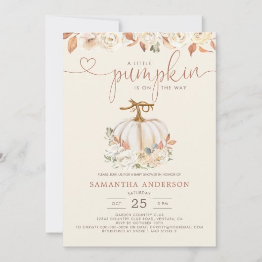 Ein wenig Pumpkin Herbst Floral Baby Dusche Einladung (Vorderseite)