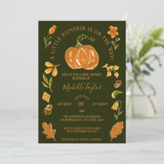Ein wenig Pumpkin Herbst Floral Baby Dusche Einladung (Stehend Vorderseite)