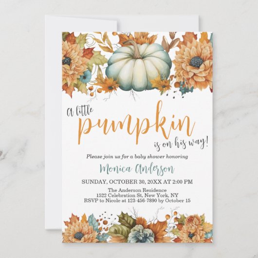 Ein wenig Pumpkin Herbst Floral Baby Dusche Einladung (Vorderseite)