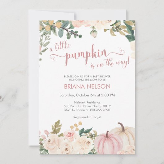Ein wenig Pumpkin Herbst Floral Baby Dusche Einladung (Vorderseite)