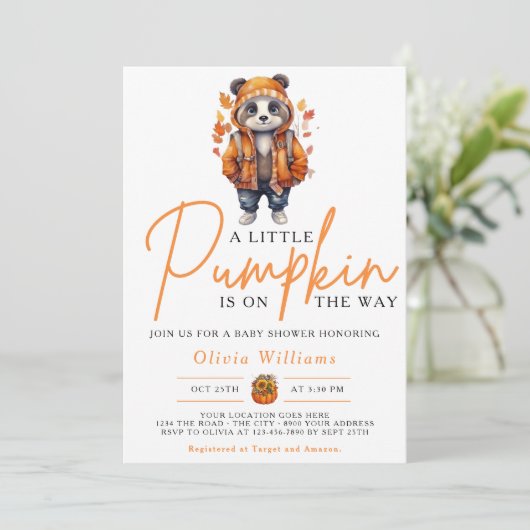 Ein wenig Pumpkin Herbst Herbst PANDA Kinderdusche Einladung (Stehend Vorderseite)
