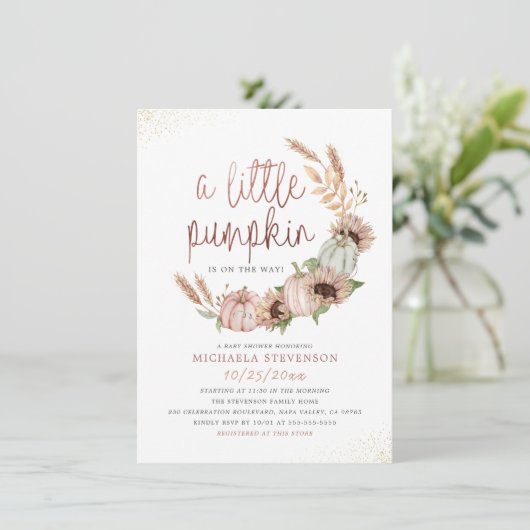 Ein wenig Pumpkin Niedlich Rustikale Rose Gold Bab Einladung (Stehend Vorderseite)