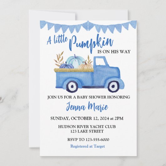 Ein wenig Pumpkin Rustic Blue Truck Baby Dusche Einladung (Vorderseite)