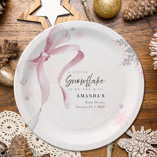 Ein wenig Schneeflocke Pink Bow Glitzer Babydusche Pappteller