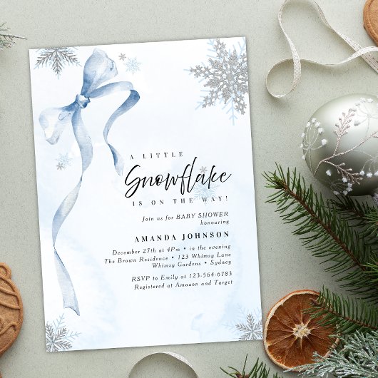 Ein wenig Snowflake Blue Bow Glitzer Babydusche Einladung