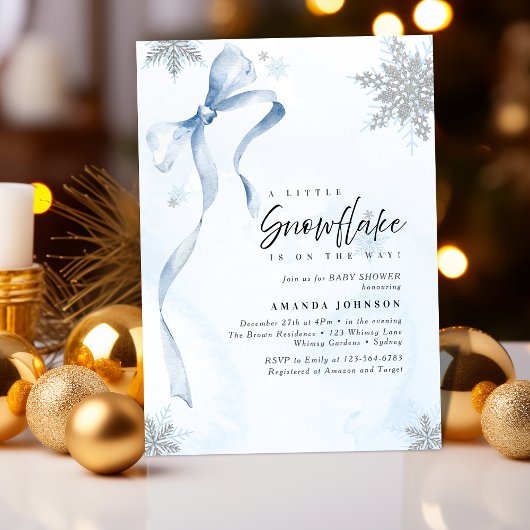 Ein wenig Snowflake Blue Bow Glitzer Babydusche Einladung