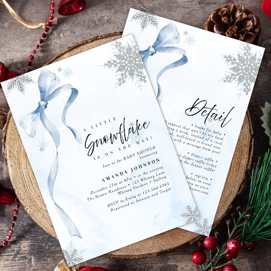 Ein wenig Snowflake Blue Bow Glitzer Babydusche Einladung