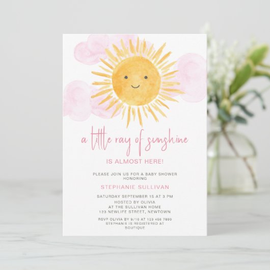 Ein wenig Sonnenschein Pink Clouds Baby Dusche Einladung (Stehend Vorderseite)