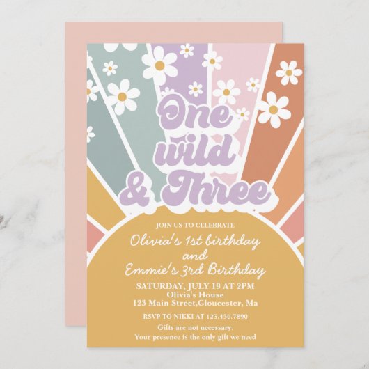 Ein Wild und drei Retro Sunshine Rainbow Daisy Einladung (Vorne/Hinten)