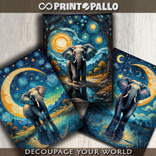 Ein wilder Elefant in einer blauen Van Gogh-Sterne Geschenkpapier Set