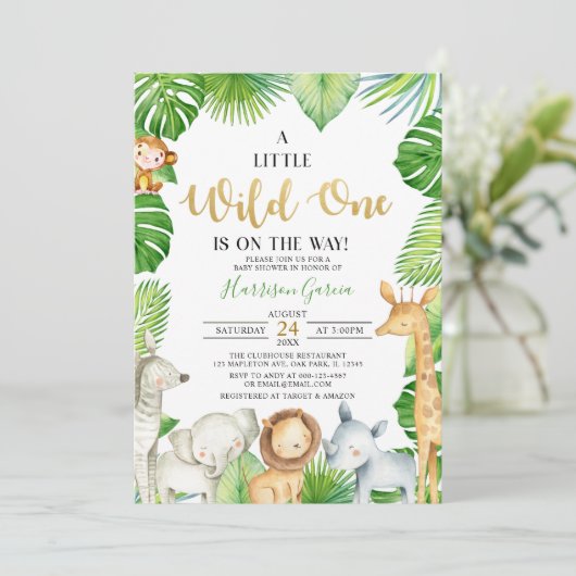 Ein wilder Jungle Animals Baby Dusche Einladung (Stehend Vorderseite)