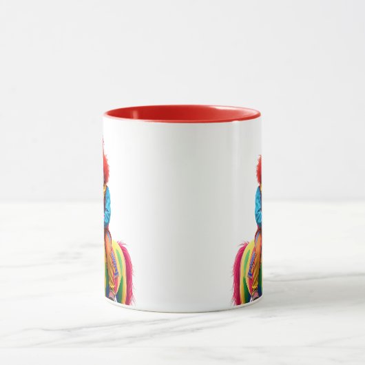 Ein witziger Clown auf seinem Pferd. Tasse (Zentrum)
