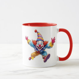 Ein witziger Clown springt im Spaß in die Luft. Tasse