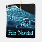 Ein Wolf auf Schnee - Feliz Navidad Keramikornament (Links)