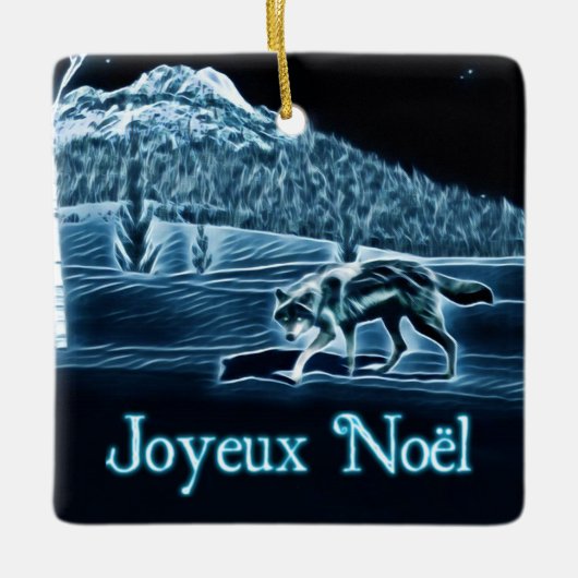 Ein Wolf auf Schnee - Joyeux Noё l Keramikornament (Vorderseite)