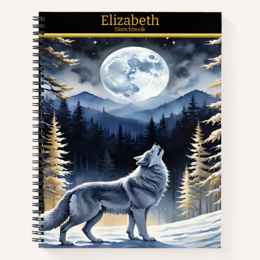 Ein Wolf heult unter Vollmond in einem verschneite Notizblock (Vorderseite)