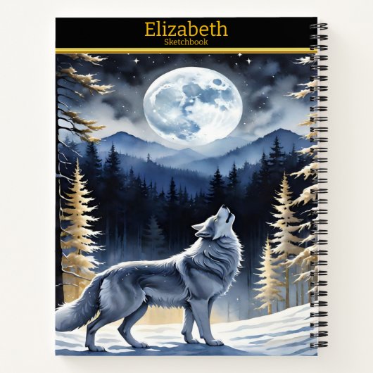 Ein Wolf heult unter Vollmond in einem verschneite Notizblock (Rückseite)