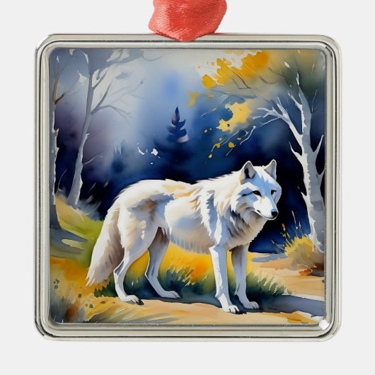 Ein Wolf in einem Aquarell Ornament Aus Metall (Vorne)