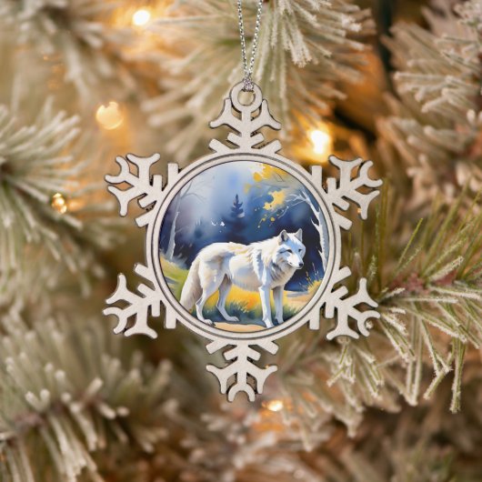 Ein Wolf in einem Aquarell Schneeflocken Zinn-Ornament (Baum)
