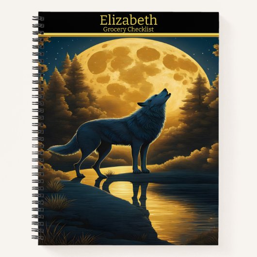 Ein Wolf serenades den bezaubernden Vollmond in de Notizblock (Vorderseite)