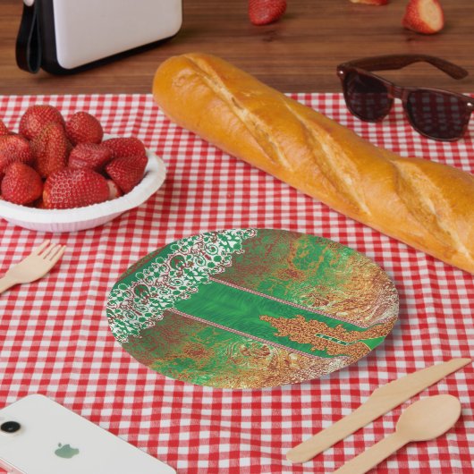 Ein wunderschön gestalteter indischer Schal in Grü Pappteller (Picknick)