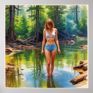 Ein wunderschönes Mädchen in Teichölfarbe Malerei Poster