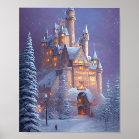Ein wunderschönes Schloss im Schnee erhellt Poster (Vorne)