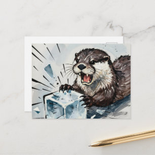 Ein wütender Otter, der einen Eisblock zerbricht  Postkarte