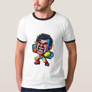 Ein wütender, pixeliger Charakter mit Retrospiel T-Shirt